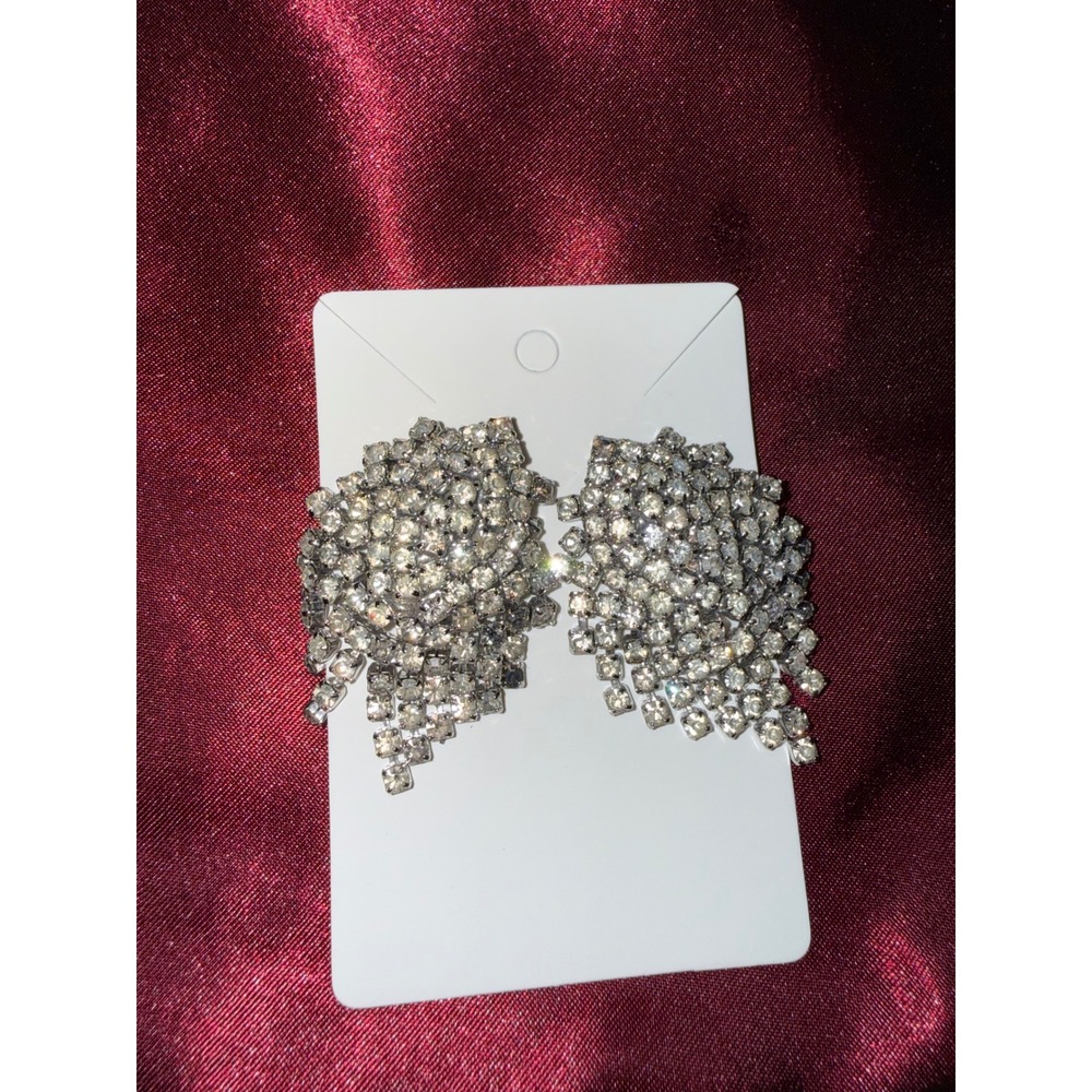 Vintage Silver Tone Rhinestone Cluster Statement Earrings Waterfall Bridal Studs